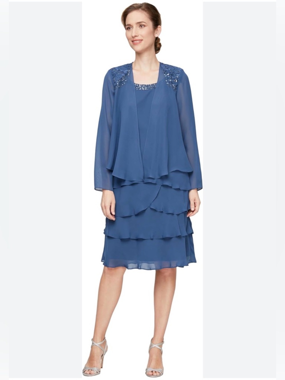 SLNY 2-Pc Chiffon Dress 18 Blue Wedgewood Beaded Tiered‎ Jacket Formal Wedding
